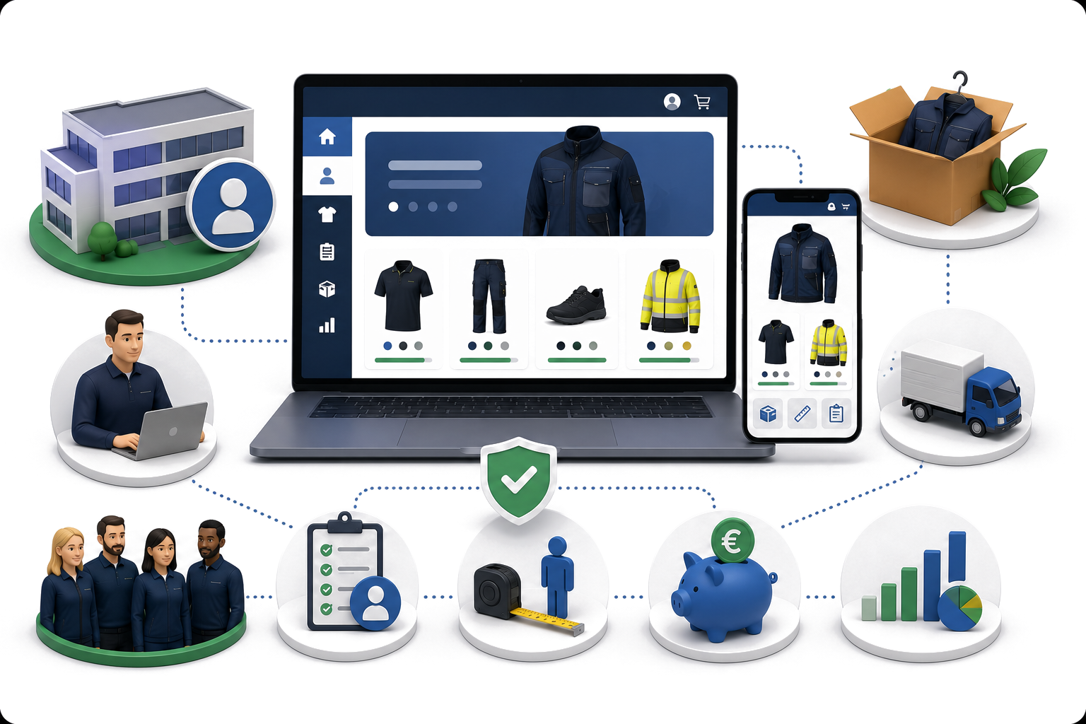 Clothing Management System illustration: a webshop screen with workwear products, a laptop and phone view, and wearer-specific size registration
