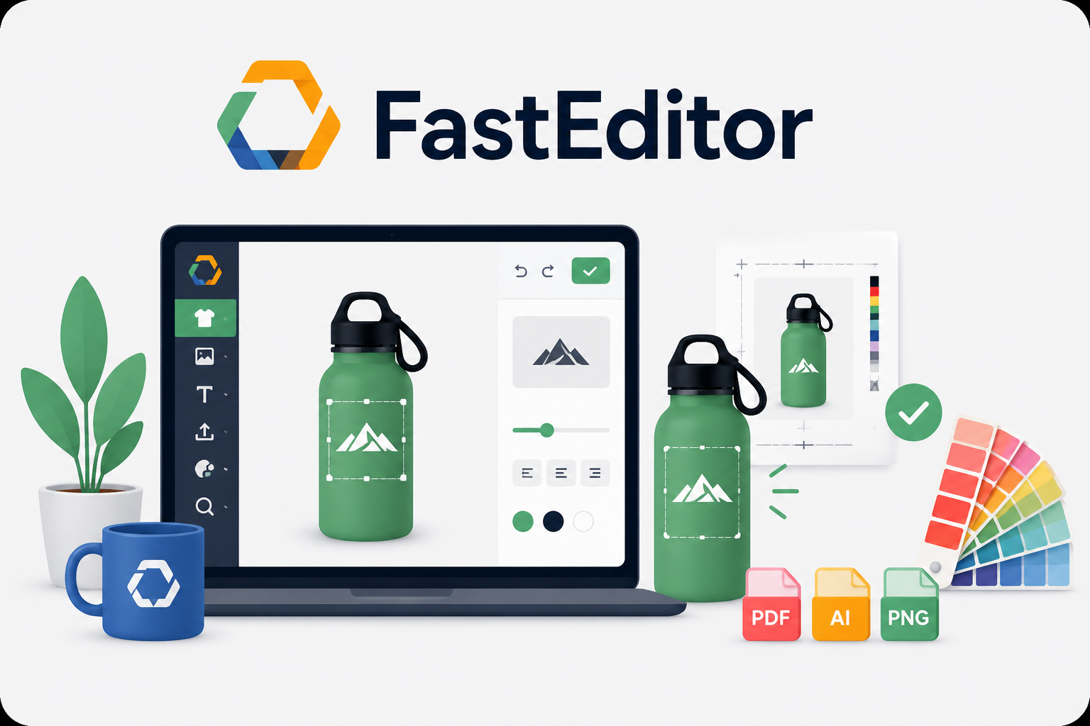 FastEditor logo editor screen showing a water bottle with a logo placed on it, next to steps explaining the Logo Editor and DTP Tool