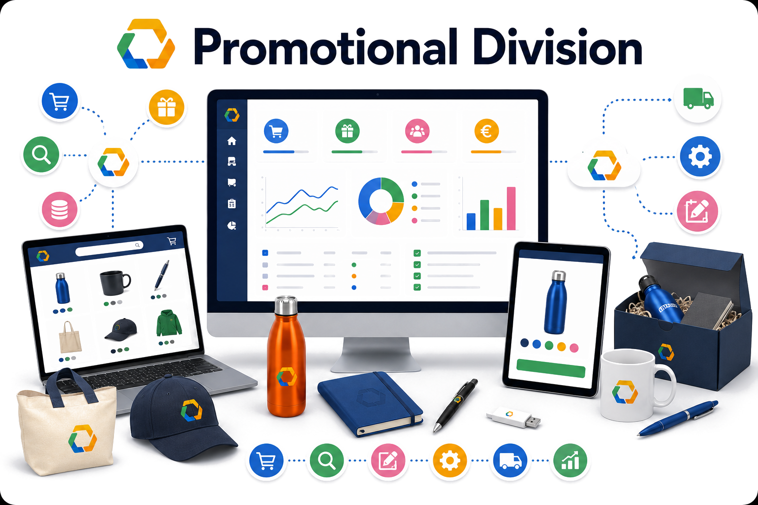 Promotional Division illustration: a webshop, ERP dashboard and mobile view showing promotional products, deliveries and connected suppliers
