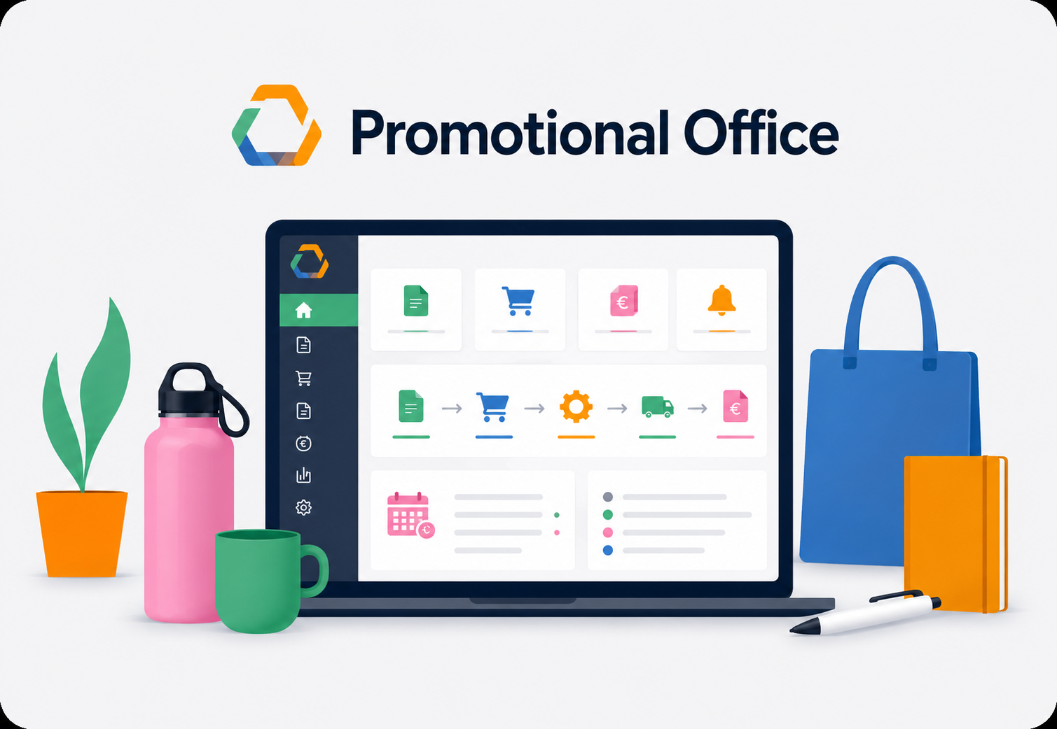 Promotional Office dashboard mockup on a laptop, surrounded by promotional products (water bottle, mug, tote bag, notebook, pen) printed with a customer logo