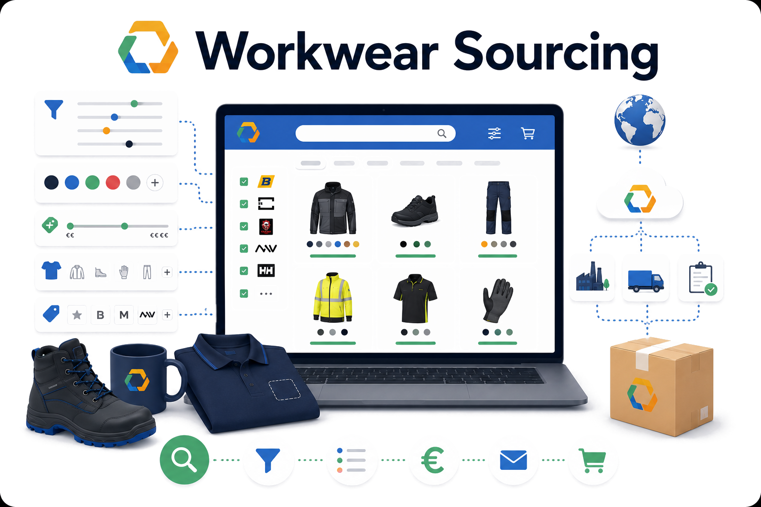 Workwear Sourcing illustration: a magnifying glass searching a grid of workwear product silhouettes