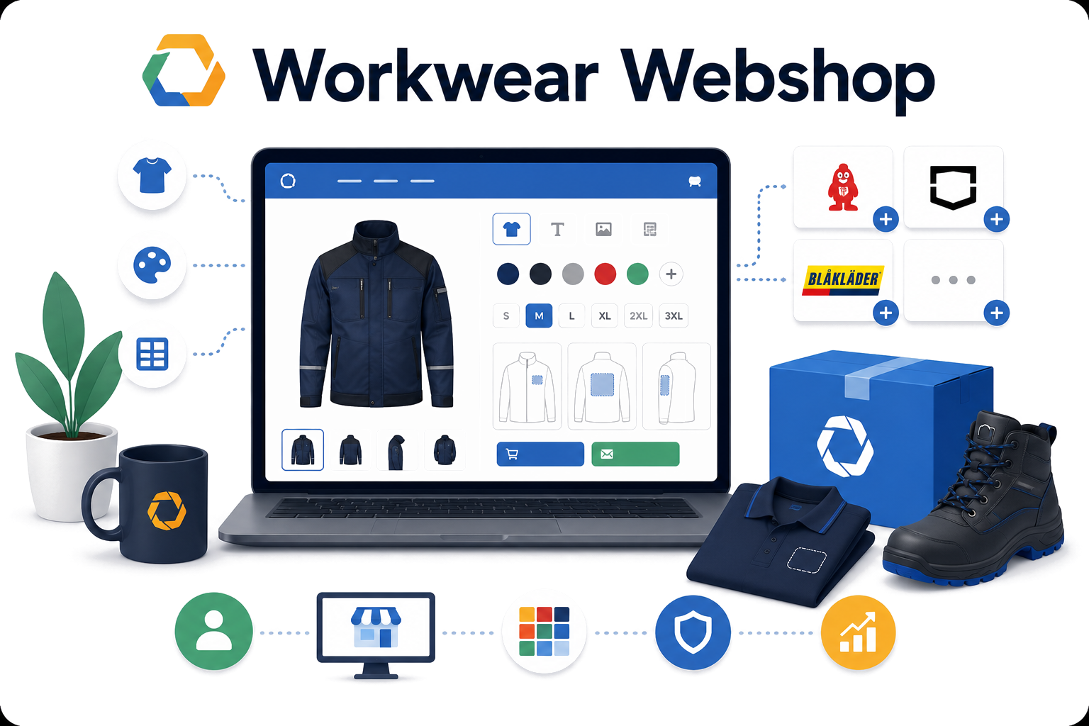 Workwear Webshop illustration: a webshop screen with product tiles next to a hi-vis workwear jacket