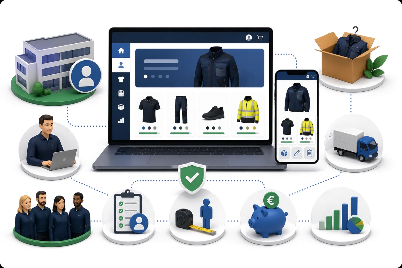KMS illustration: a webshop screen with workwear products, a laptop and phone view, and wearer-specific size registration