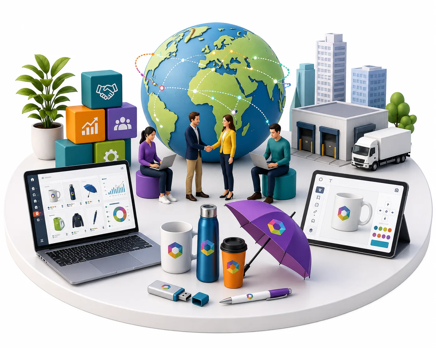 Illustration of global connections between people, products and warehouses, representing Promidata's role in connecting the industry