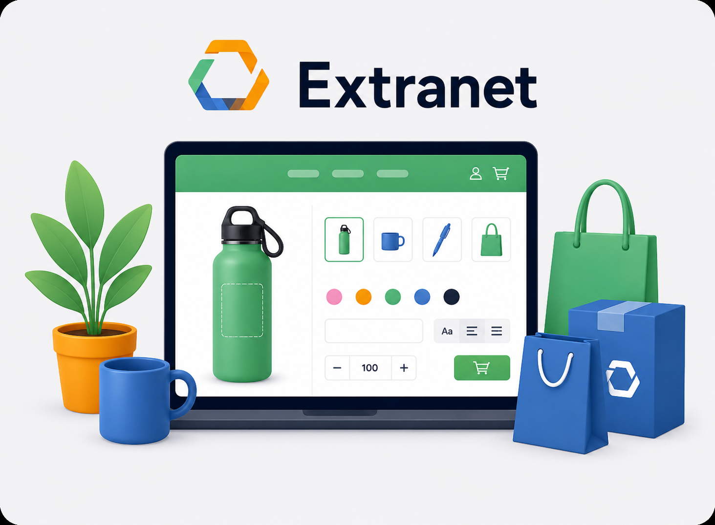 Extranet product configurator screen with a water bottle, colour options and quantity/price, next to a mug and tote bag