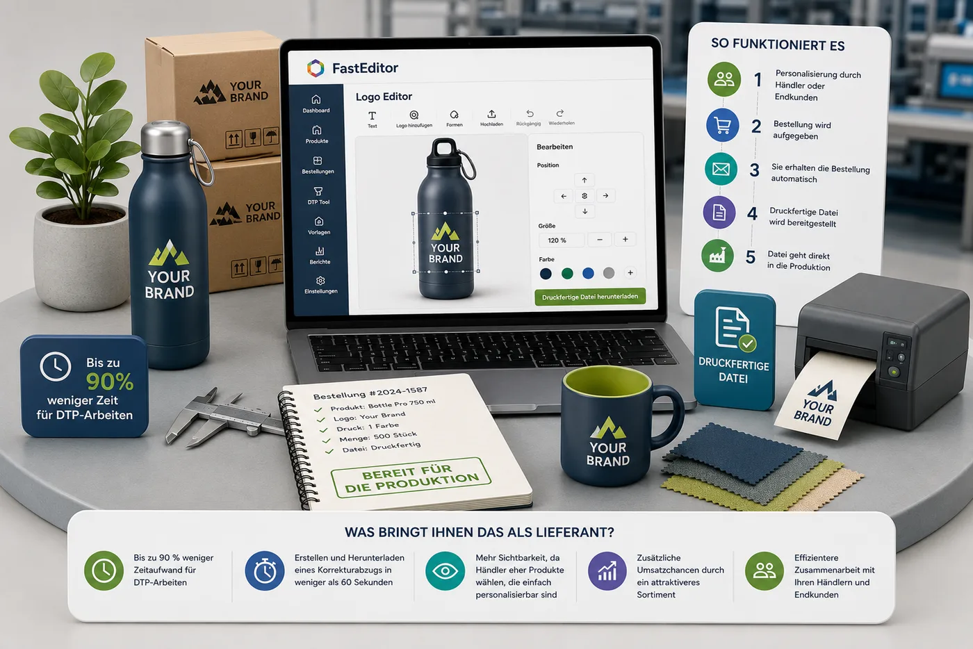 FastEditor Logo Editor Bildschirm mit einer Flasche mit platziertem Logo, die 5-Schritte-Anleitung 'So funktioniert es' von der Personalisierung bis zur druckfertigen Datei, und ein Symbol für eine druckfertige Datei