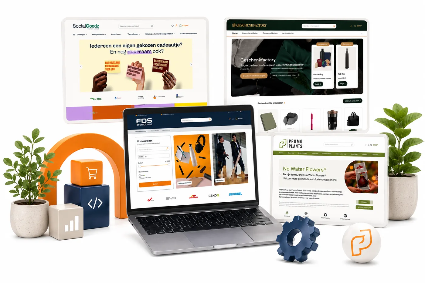 Collage of Promidata project webshops: SocialGoodz, Geschenkfactory, FDS Promotions and Promoplants