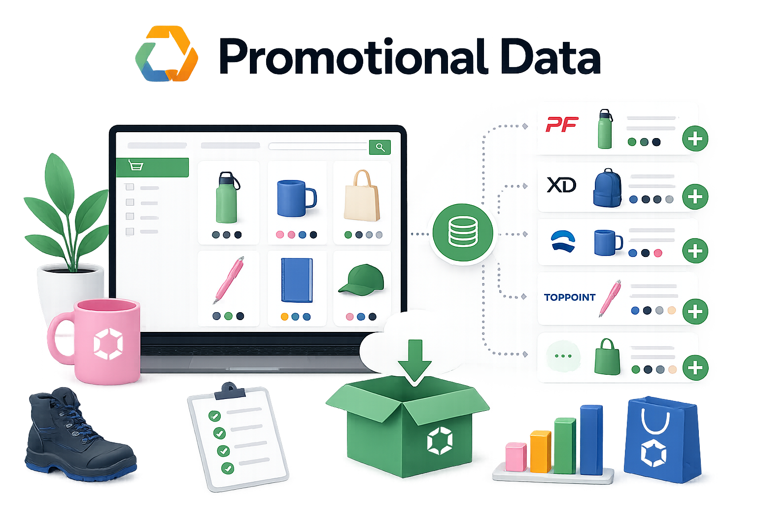 Promotional Data feed screen with a webshop showing product filters and prices, plus a list of connected suppliers