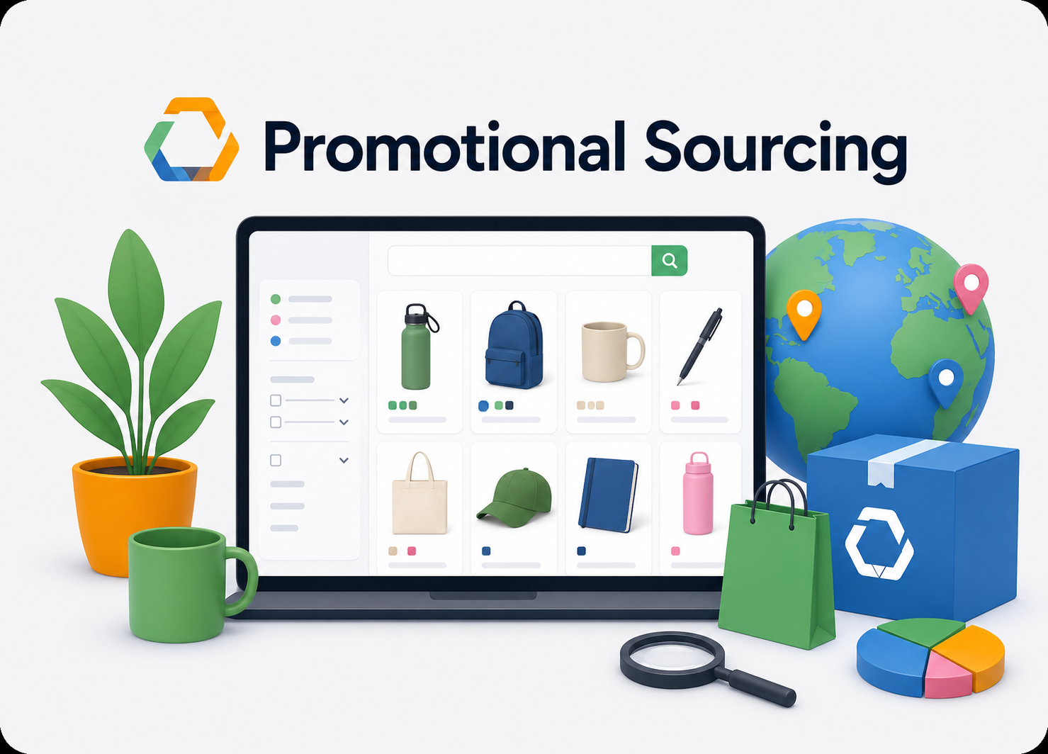 Promotional Sourcing search screen with product results, filters and a shipping box