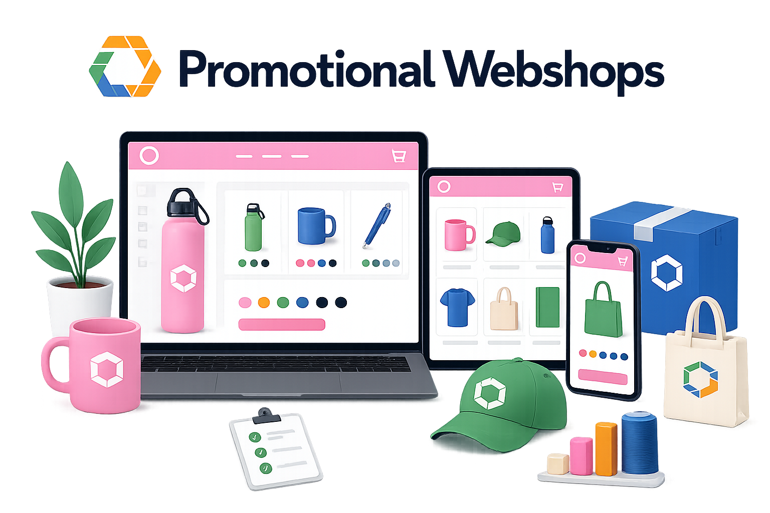Two webshop screens showing a product configurator with imprint options and live pricing, next to promotional products with a customer logo