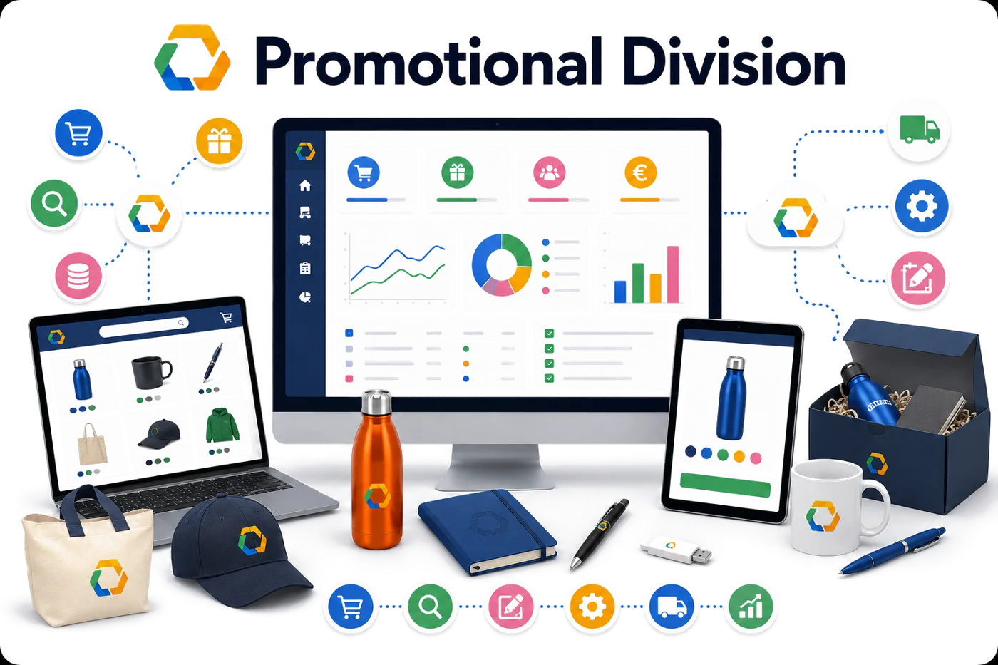 Promotional Division illustration: a webshop, ERP dashboard and mobile view showing promotional products, deliveries and connected suppliers