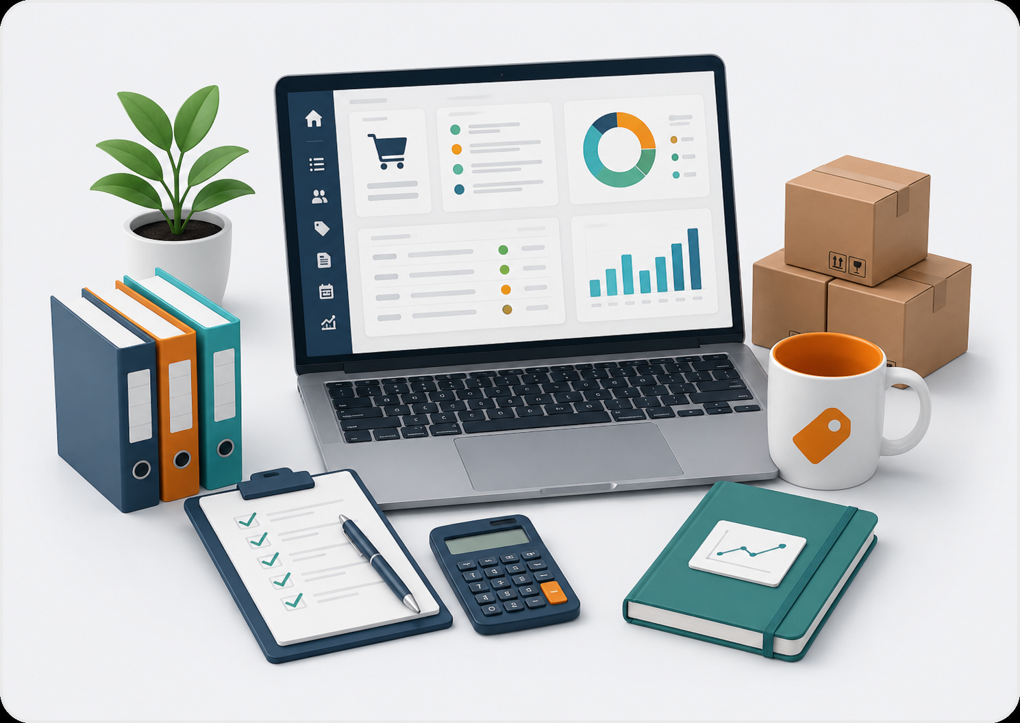 Illustration of an ERP order dashboard with product, invoice and reporting widgets