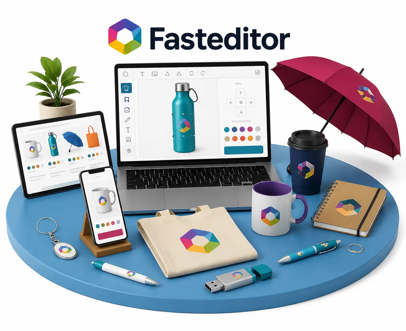 FastEditor logo shown above a laptop with the Logo Editor open on a water bottle, surrounded by a tote bag, mug, umbrella, notebook, pens and other branded promotional products