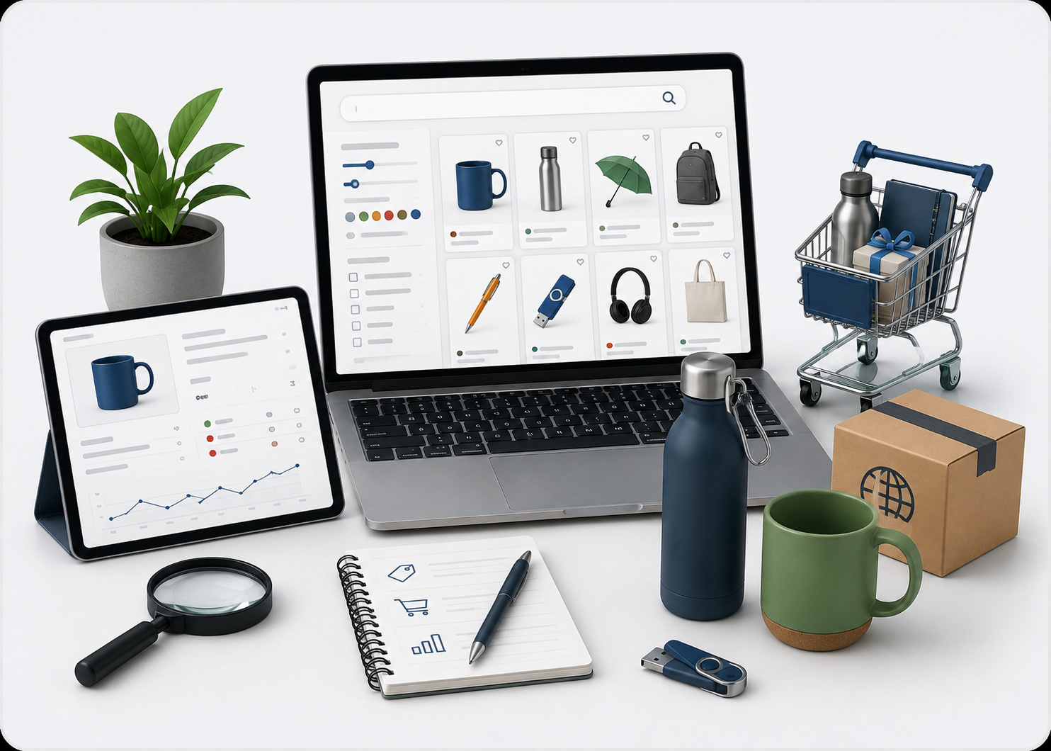 Illustration of a product search screen with a grid of promotional items