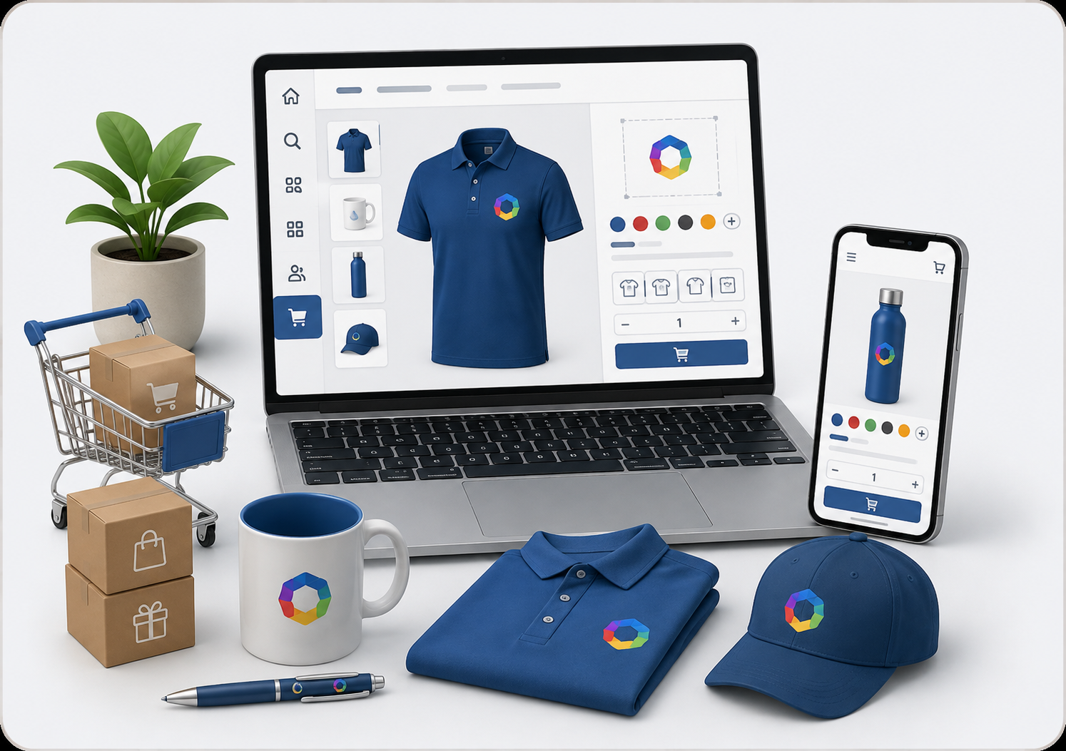 Illustration of a webshop with product customisation showing polos, mugs and caps