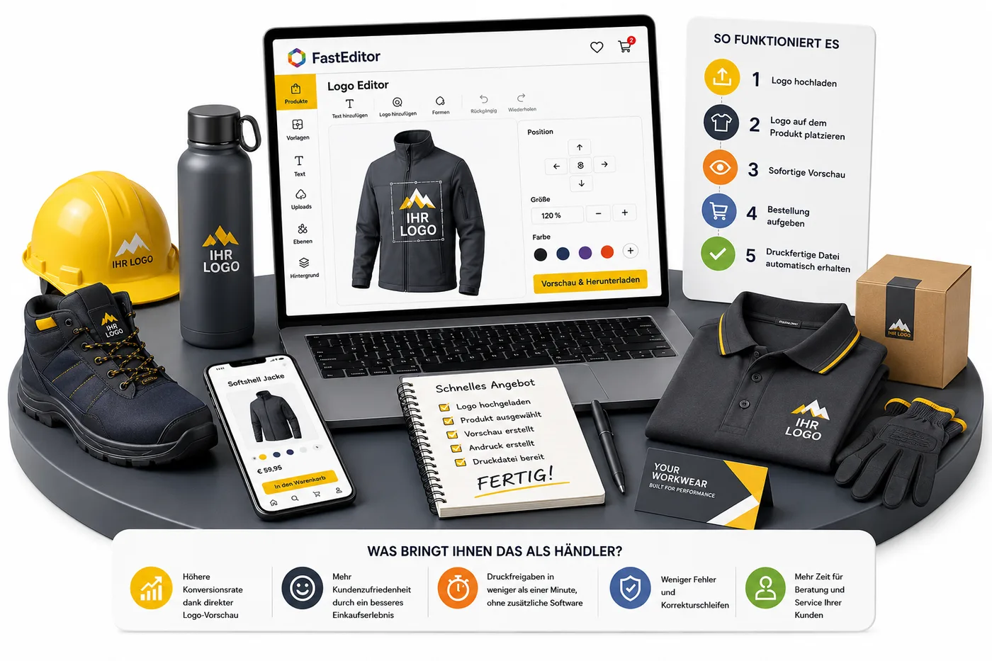 FastEditor Logo Editor Bildschirm mit einer Arbeitsjacke mit platziertem Logo, die 5-Schritte-Anleitung 'So funktioniert es', und die daraus resultierenden Markenprodukte f&uuml;r Workwear