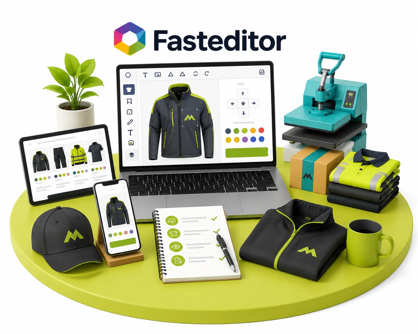 FastEditor logo shown above a laptop with the Logo Editor open on a workwear jacket, surrounded by a cap, polo shirt, mug, notebook and a heat press machine