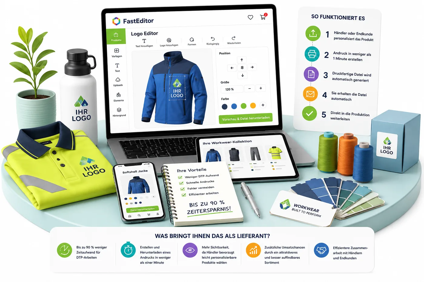 FastEditor Logo Editor Bildschirm mit einer Arbeitsjacke mit platziertem Logo, die 5-Schritte-Anleitung 'So funktioniert es' von der Personalisierung bis zur druckfertigen Datei, und ein Symbol f&uuml;r eine druckfertige Datei