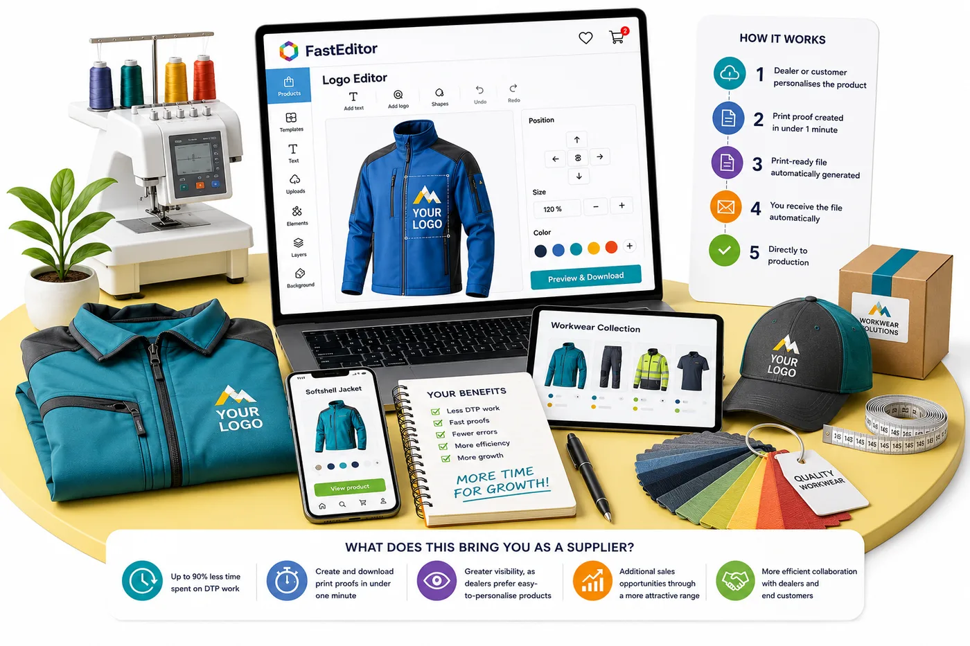 FastEditor Logo Editor screen showing a workwear jacket with a logo placed on it, the 5-step 'how it works' flow from personalisation to production-ready file, and a print-ready file icon