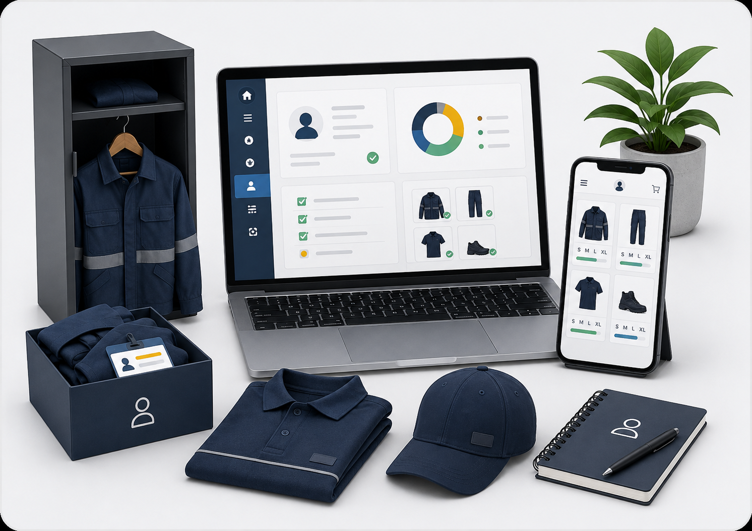 Illustration of a clothing management dashboard with wearer profiles and size registrations