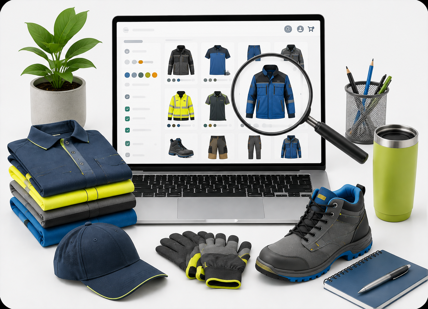 Illustration of a product search screen with a grid of workwear items