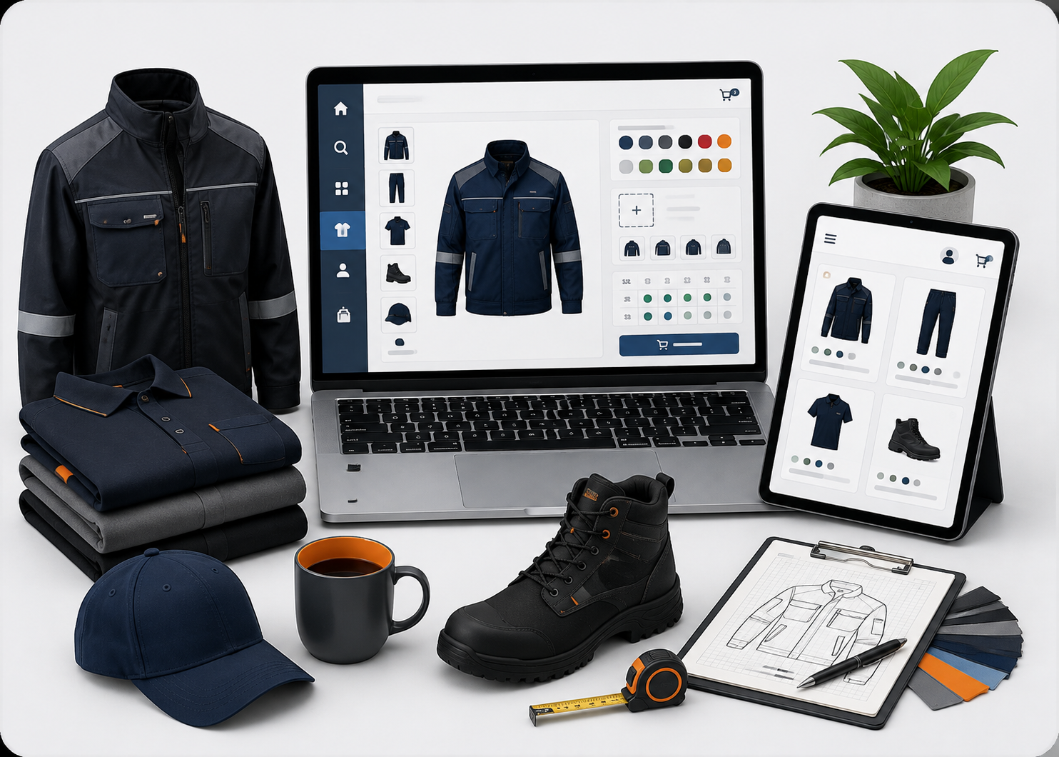 Illustration of a workwear webshop with product customisation showing jackets, boots and caps