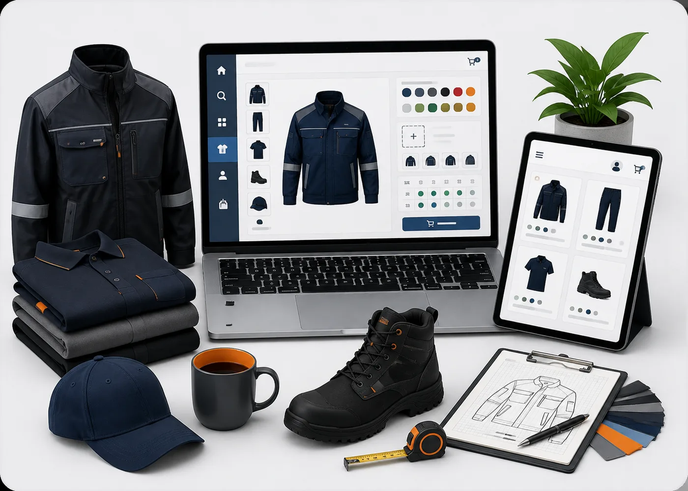 Illustration of a workwear webshop with product customisation showing jackets, boots and caps